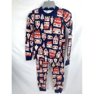 Hanna Andersson PJ Set Kids 140 US 10 Christmas Gingerbread Houses Blue Shirt